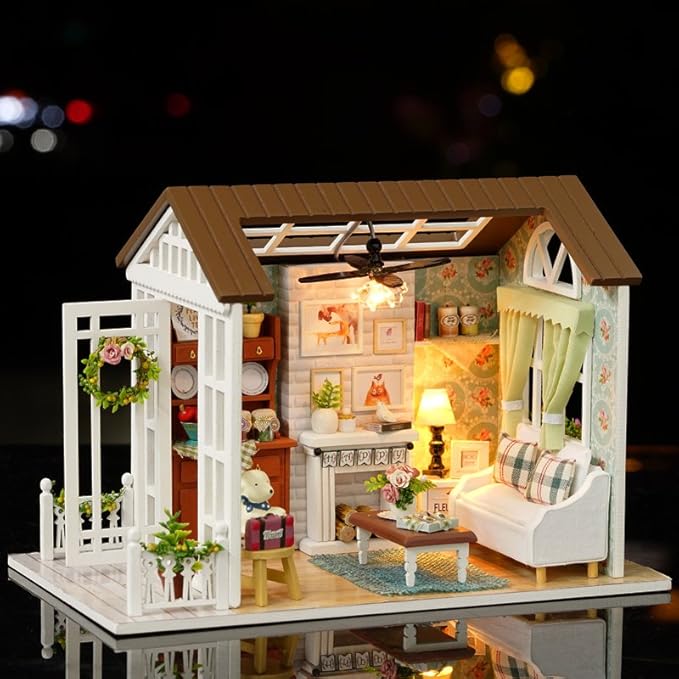 DIY Miniature House Kit, DIY Dollhouse Kit for Adults to Build, Mini House Kit with LED, Mayberry Street Miniatures, Ideal Gifts for Birthday, Halloween Christmas(Model H)