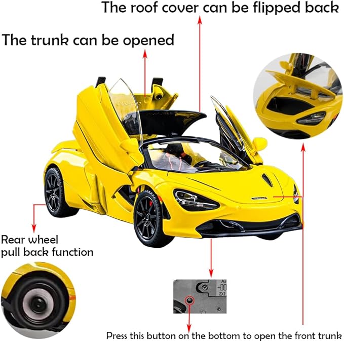 McLaren 720s Toy Cars Roadster Model 1/24 Yellow Alloy Collectibles Die-cast Vehicles with Sound and Light