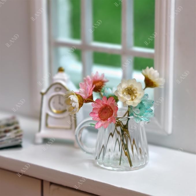 iLAND Miniature Dollhouse Accessories for Dollhouse Furniture Antique, Glass Vases w/ Dried Flowers Set (Elegant 4pcs)