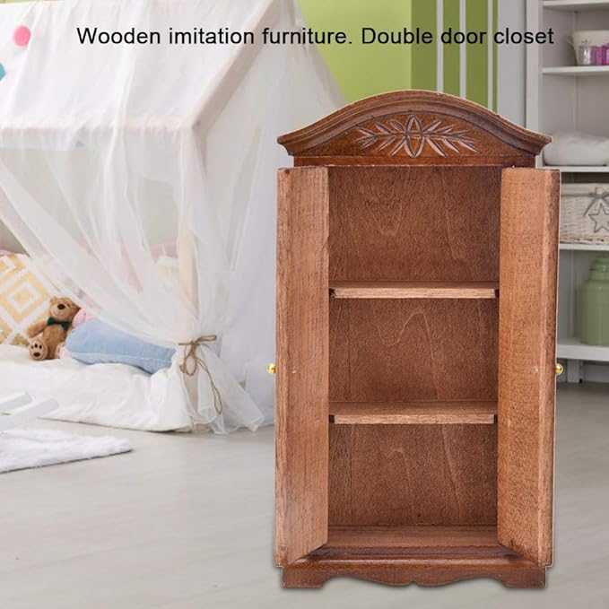 Dollhouse Wardrobe,1:12 Simulation Miniature Bedroom Furniture Wooden Vintage Cabinet for Fairy Gardens Doll House Decoration Accessories (Brown)