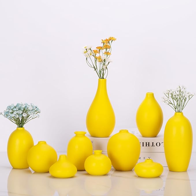Ceramic Bud Vase Set of 10 - Yellow mini Bud Vases in Bulk Dining Table Centerpieces, Cute Bulk Small Flower Vase for Pampas Grass&Single Flower Decor, Ideal Wedding Window Sill Aesthetic Desk Decor