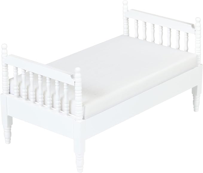 Dollhouse Furniture mini Bed Set, Bedroom Accessories for 6 inch Dolls, Blue Bedding, Wooden Frame, 1/12 Scale
