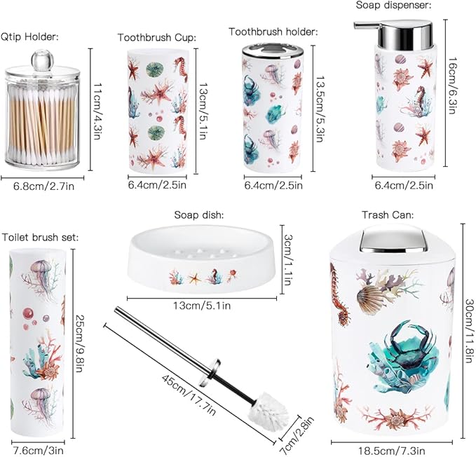 OTOSTAR Bathroom Accessory Set 8 Pcs Ocean Bathroom Accessories Set Luxury Bath Set with Trash Can Soap Dispenser Toothbrush Holder Tumbler Soap Dispenser Toilet Brush Holder Qtip Holder (Seahorse)