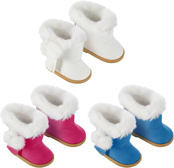 Bencailor 3 Pairs Doll Shoes 18 Inch Doll Boots Winter Dolls Snow Boots Christmas Accessories for Dress up(Blue White Rose Red)