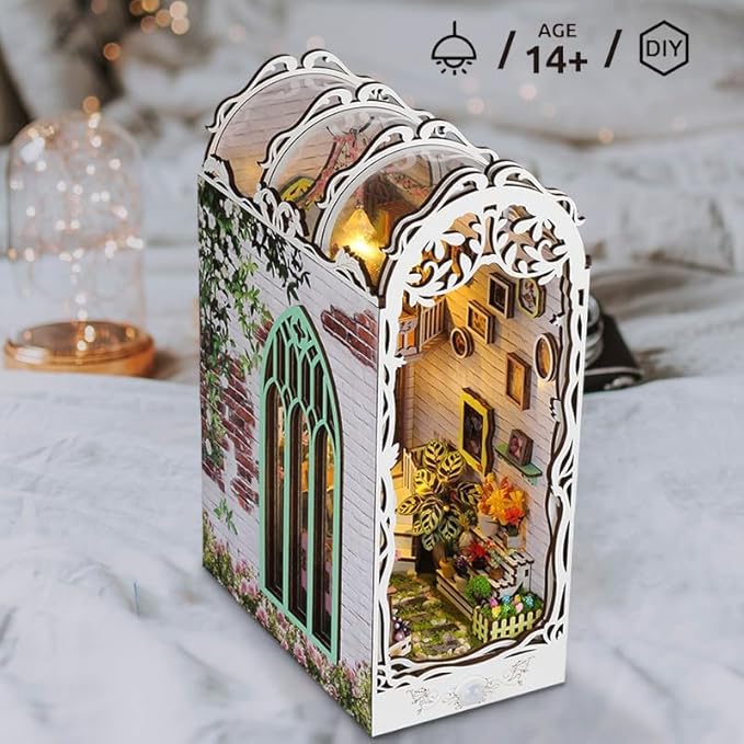 DIY Book Nook Kit - Miniature Dollhouse Booknook Kit for Adults,Teens, 3D Wooden Puzzle Bookend Bookshelf Deco, Christmas Birthday Gift, Flower House