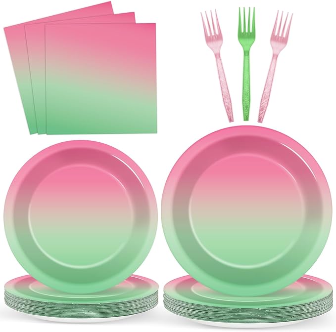 96Pcs Witch Birthday Party Decorations Gradient Pink and Green Tableware Witch Theme Paper Plates Napkins Forks Movie Dinnerware Party Supplies for Women Girls Birthday Baby Shower Serves 24 Guests