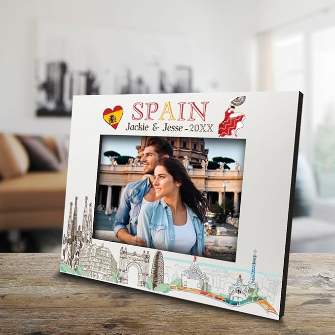 BELLA BUSTA-Personalized Europe Travel Picture Frame– Custom Spain Photo Frame with City & Country-Honeymoon, Vacation, Adventure, Favor Keepsake (Spain (Horizontal))