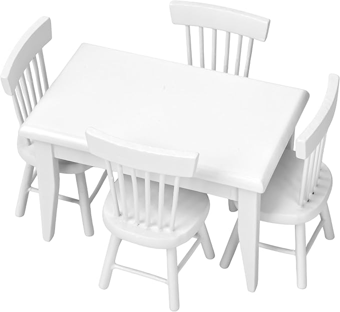 Miniature Dollhouse Dining Table and Chairs – Set 5pcs 1/12 Scale for Doll House, White Wooden Furniture Model, Mini Classic Decoration Accessories DIY Hobby Gift for Kitchen, Breakfast Room