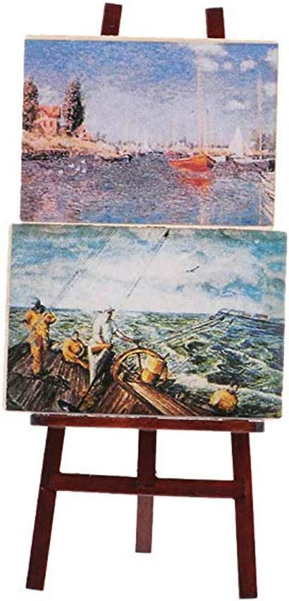 Dollhouse Decoration Accessories, 1/12 Dollhouse Miniature Wooden Easel Oil Painting Set Simulation Toys for Doll