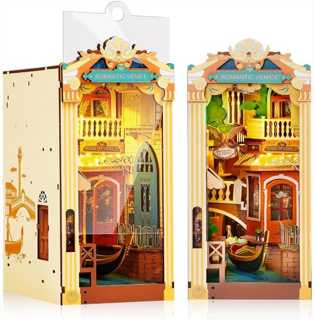 ROBOTIME Book Nook Kit with Dust Cover DIY Miniature House with LED 3D Wooden Puzzle Booknook Bookshelf Insert Decor Bookend Model Craft Hobby Gift for Teens and Adults (Romantic Venice)