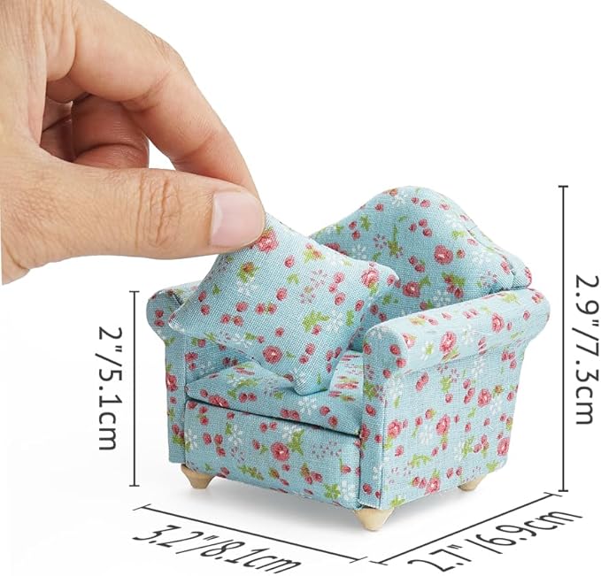 Odoria Dollhouse Armchair Miniature Sofa: 1/12 Scale Accent Club Chair with Pillow Country Rustic for Living Room Office Reading - Mini Lounge Seat Upholstered Wood Furniture Floral Blue