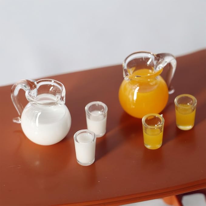 3pcs Miniature Pitcher Set, Dollhouse Miniatures Drinks, Mini Juice/Milk Glass Set, Realistic Dollhouse Accessories, Not Edible (Orange Juice Set)
