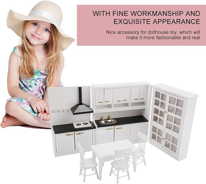 Dollhouse Miniature Kitchen Furniture, Modern Wooden White Set to Store Miniature Food, Exquisite Toy House Furniture, Suitable for 1/12 Scale Dollhouse, Made of