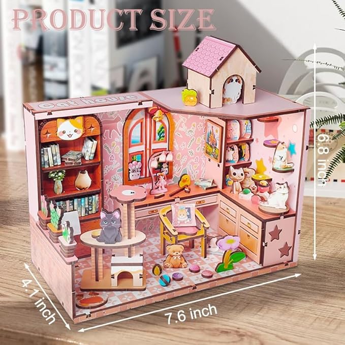 Pink DIY Miniature Dollhouse Kit, Tiny House Kits with LED Light, Mini House Making Kit to Build for Adults, Hobby Craft Gift for Christmas Day, Cat House