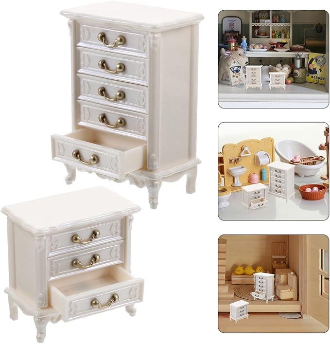 2pcs Miniature Dollhouse Cabinet Set - Wooden Mini Doll House Furniture for Model Accessories Tabletop Decor Props White
