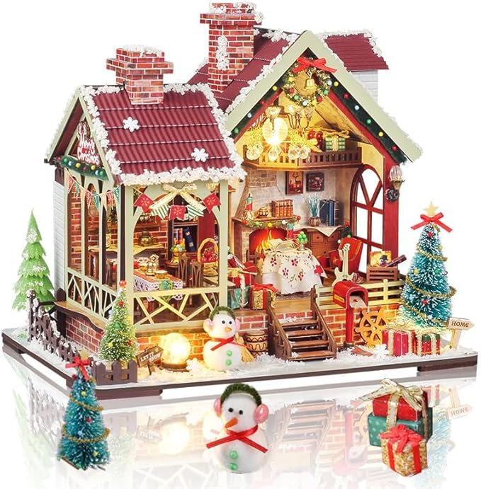 2025 New Christmas Miniature House Kit, DIY Mini Dollhouse Making Kits with Music and Led Light, Tiny House Kit to Build for Adults, Hobby Craft Gift for Christmas Day, Snowy Night