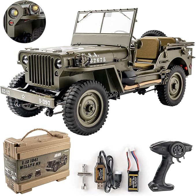 FMS Rochobby RC Car 112 1941 MB Scaler Willys Jeep Remote Control Crawler Military Truck 4x4 Offroad Vehicle with Transmitter Battery and Charger, Small, RC12001RTR Hunter Green
