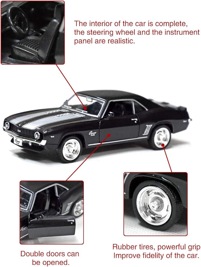 Tianmei 1:32 Scale Supercar Styling Alloy Die-Cast Car Model Collection Decoration Ornaments, Kids Play Vehicle Toys with Pull Back Action and Open Doors (Camaro 1969 - Black)