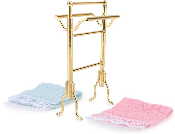 Dollhouse Towel Rack 1/12 Miniature 2PCS Towels & Rail Set for Dollhouse Bathroom Accessories