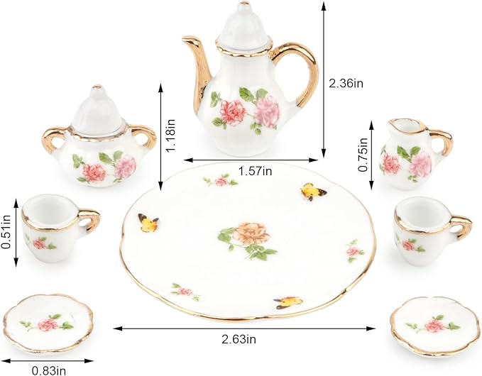 Dollhouse 1:6 Porcelain Tea Cup Sets 8 Pcs Set Miniature Ceramics Dollhouse Accessories Flower Pattern Teapot Platter Dish Sets Dollhouse Kitchen Supplies Decoration (Butterfly)