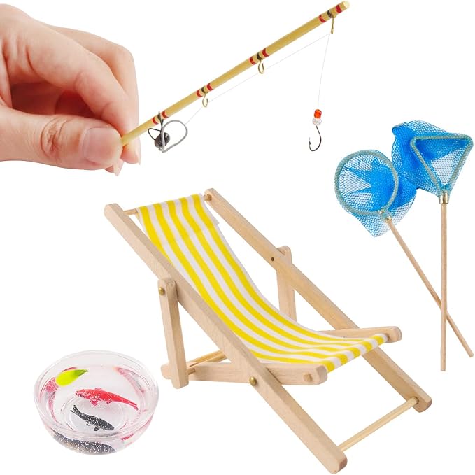 5 Pieces Miniature Fishing Rod Life Scene Christmas Elf Fishing Accessories Fishing Cake Decoration Fish Cake Topper Fish Bowl Gone Fishing Net Miniature Fishing Accessories