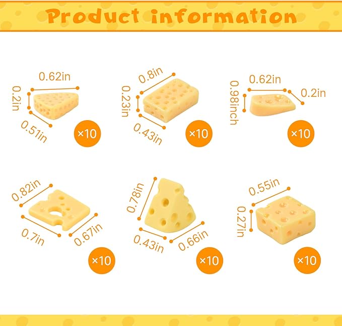 Luckforest Miniature Artificial Cheese, 60 Pcs 6 Styles Fake Cheese Resin Simulation Cheesecake Dessert Food Models for Dollhouse Kitchen Decoration DIY Accessory Photography Props