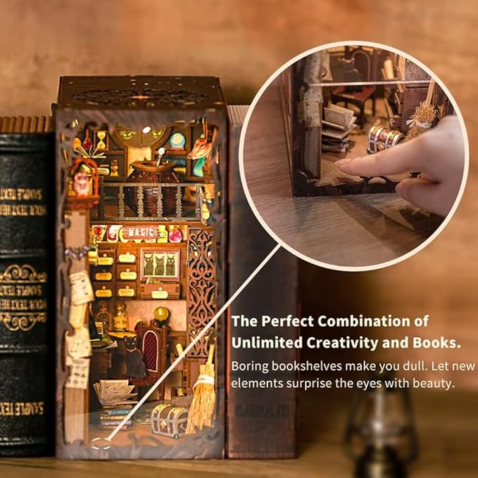 Cutefun DIY Book Nook Kit Birthday Gift for Adults, Teens, Family, DIY Miniature House Booknook Kit Bookshelf Decor 3D Wooden Puzzles for Adults, Tiny Home Model with LED Light (Magic Pharmacist)