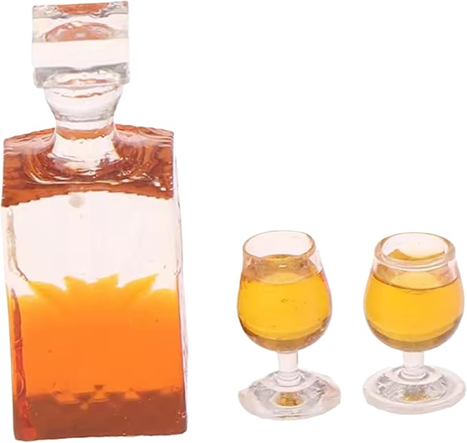 Nicedeal Miniature Bottles, Realistic Dollhouse Whiskey Bottle, Mini Alcohol Bottles, Resin Mini Wine Bottles with 2 Cups Decorative 1 12 Scale Dollhouse Accessories