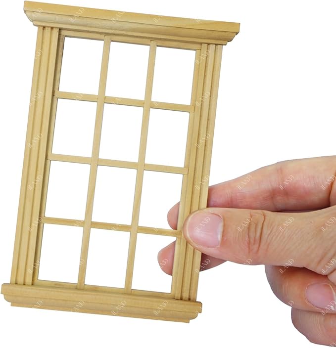 iLAND 1/12 Scale Accessories of Dollhouse Windows 4pcs, Solid Wood DIY Dollhouse Building Supplies, Complete Classic Miniature Windows Kit w/Wooden Frame & Acrylic Panel