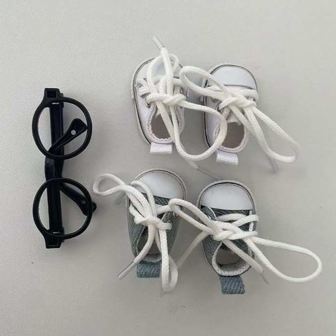 Mini Canvas Sneakers for Dolls, 2 Pairs Set in White and Denim Blue, Lace-up Style for labubu 2025,Include A Pair of Glasses(no Lenses) (White & Denim Blue)