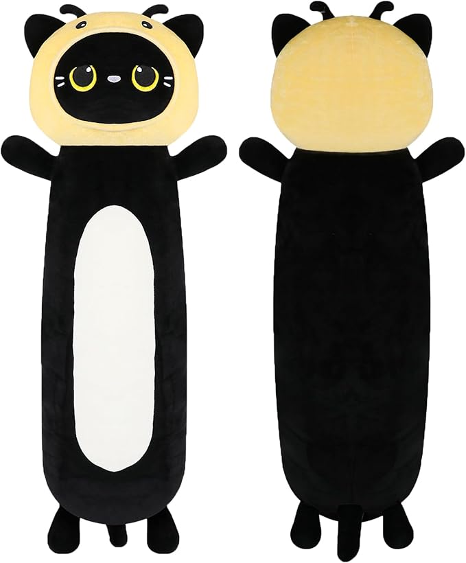 22 inch Bee Black Cat Long Plush Body Pillow Toy, Kitten Plushies with Stuffy Honeybee Oufit Big Stuffed Animals Gfit for Kids Boys Girls, Birthday, Halloween, Christmas