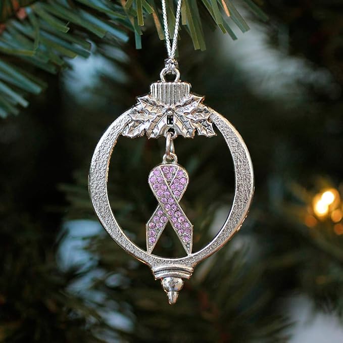 Inspired Silver - Purple Ribbon - Silver Christmas Ornament - Unique Charm Christmas Tree Ornament - Holiday Hanging Decoration