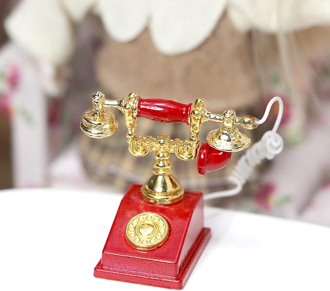Dollhouse Telephone 1:12 Miniature Vintage Rotary Phone Model Desk Decoration Retro Mini Accessorries for Artificial House Living Room Scene (Red)