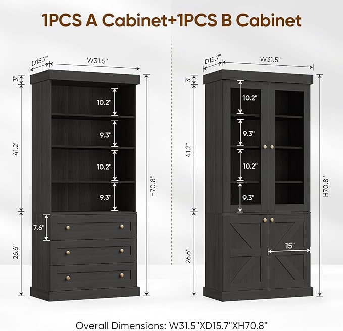 71" Tall Farmhouse Kitchen Pantry, Large Storage Cabinet with Glass Doors, Adjustable Shelves, 3 Drawer, Wood Versatile Hutch Cabinet for Dining Room, Living Room, Black 4 Pcs