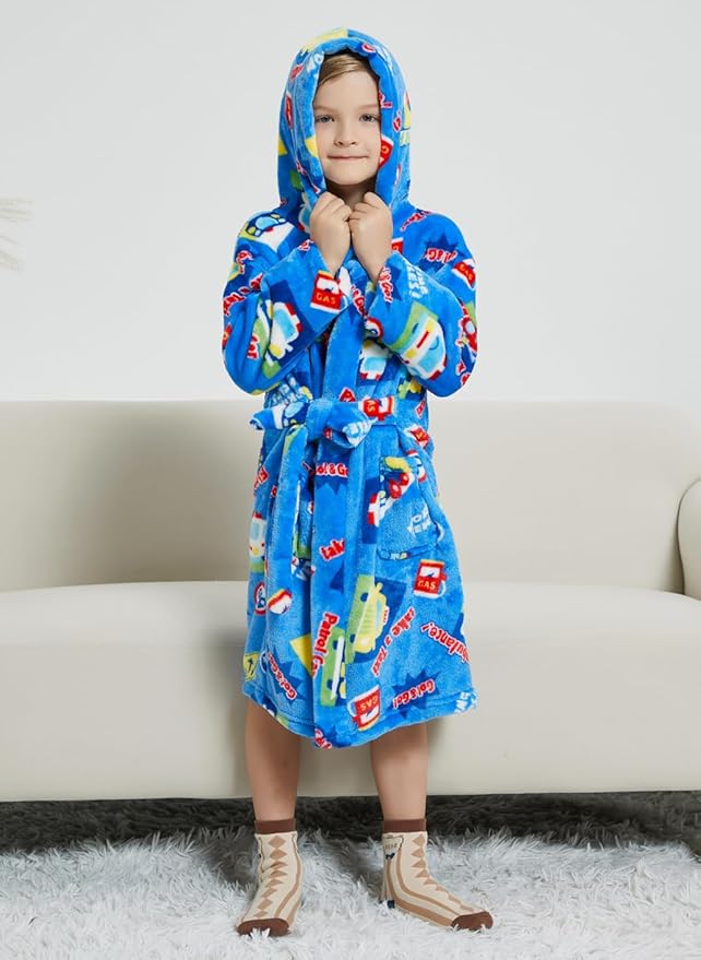 Boys Fleece Robe Hooded Toddler Soft Bathrobe Pajamas Sleepwear for Kids Girls 2-16 Years
