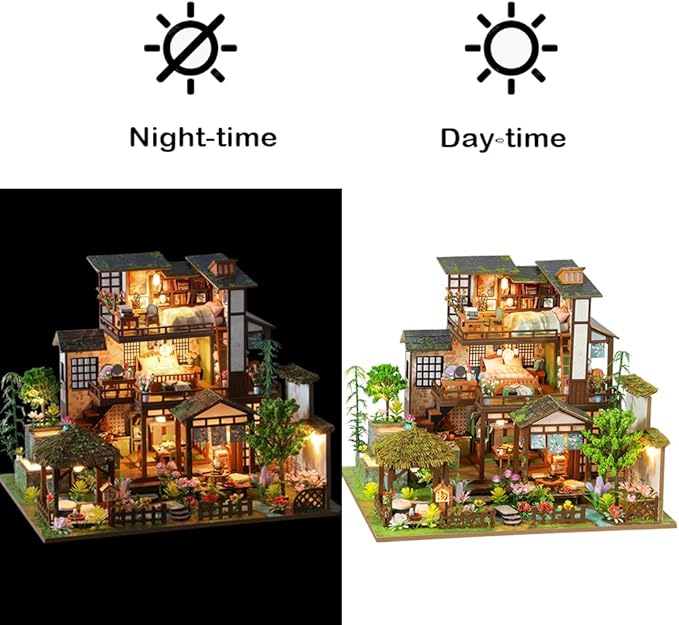 DIY Miniature Dollhouse Kit, Mini House Making Kit with Light, Tiny House Kit to Build for Adults, Hobby Craft Gift for Father's Day, Bamboo Brook Cottage