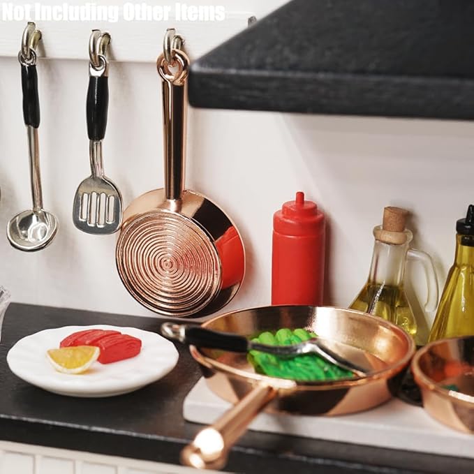 Odoria Dollhouse Frying Pan Miniature: 1/12 Scale Skillet Cookware for Kitchen Restaurant - Mini Kitchenware Cooking Utensils Metal Copper 3Pcs