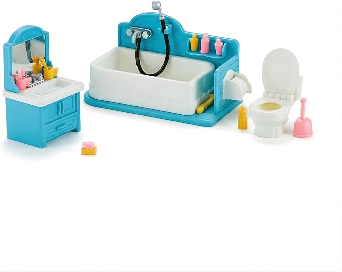 Family Dollhouse Bathroom Set — Bathtub with Hand Shower, Sink with Mirror & Toilet, Soap, Toothbrush & Toilet Paper Roll — Dollhouse Furniture & Accessories for Ages 3+