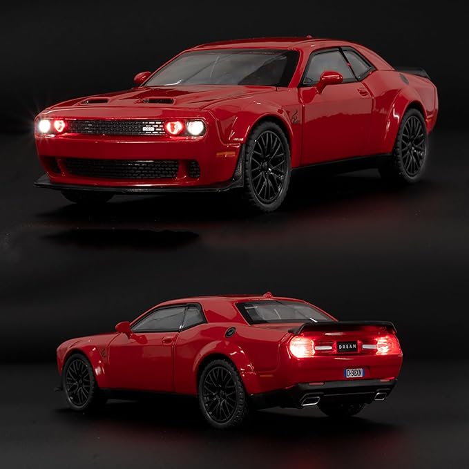 Toy Cars 1/32 Dodge Challenger Die Cast Metal Toy Cars Hellcat Toy Car with Sound and Light Pull Back Hellcat Car for 3+ Year Old Boys and Kids