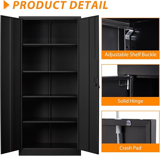 72" Tall Metal Storage Locking Cabinet With 2 Doors and 4 Adjustable Shelves for Home, School, Gym, Garage Storage