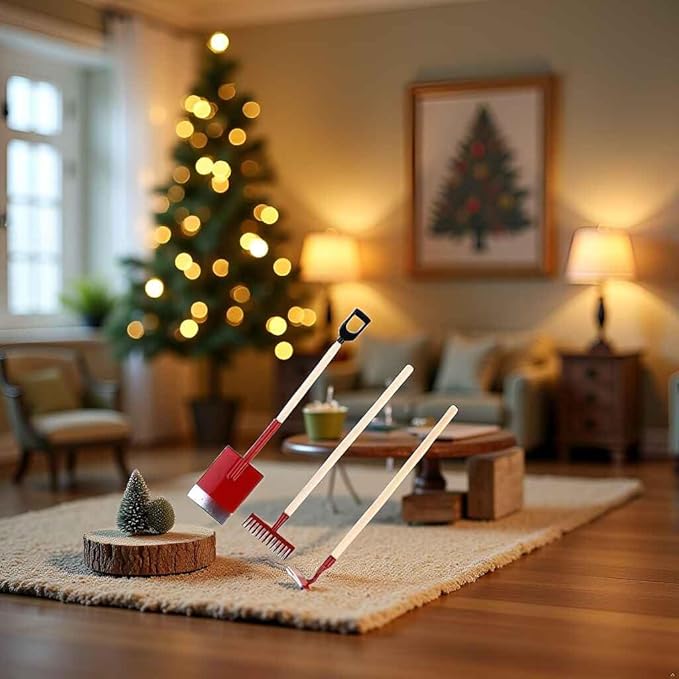 3-Piece Set Miniature Garden Tools, 1:12 Mini Shovels and Rake Farm Tools, Fairy Garden Dollhouse Accessories Furniture Toy Sets (Red, 3.2 Inches)