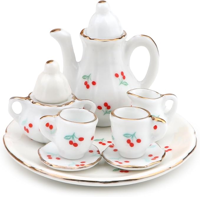 Dollhouse 1:6 Porcelain Tea Cup Sets 8 Pcs Set Miniature Ceramics Dollhouse Accessories Flower Pattern Teapot Platter Dish Sets Dollhouse Kitchen Supplies Decoration (Cherry)