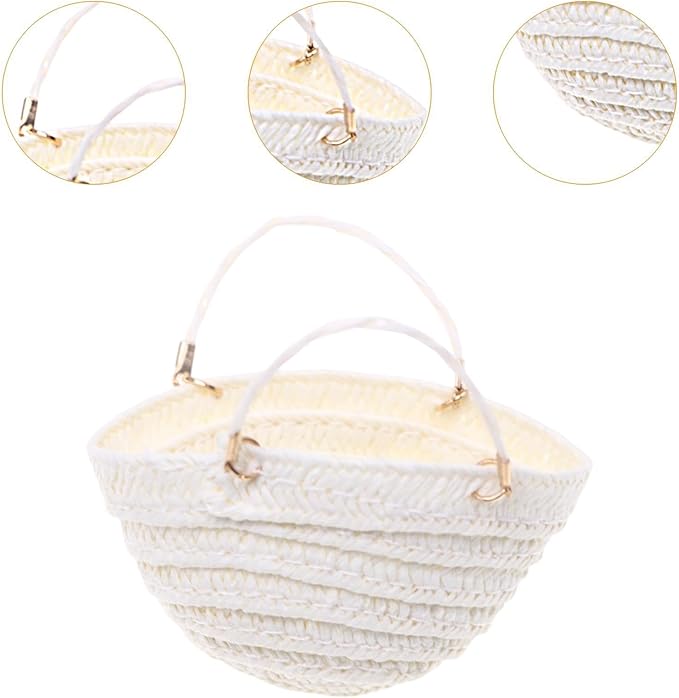 RCULWPLP 1/12 Scale Dollhouse Woven Handbag, Miniature Furniture Accessory, DIY Play Item, Tiny Basket, White