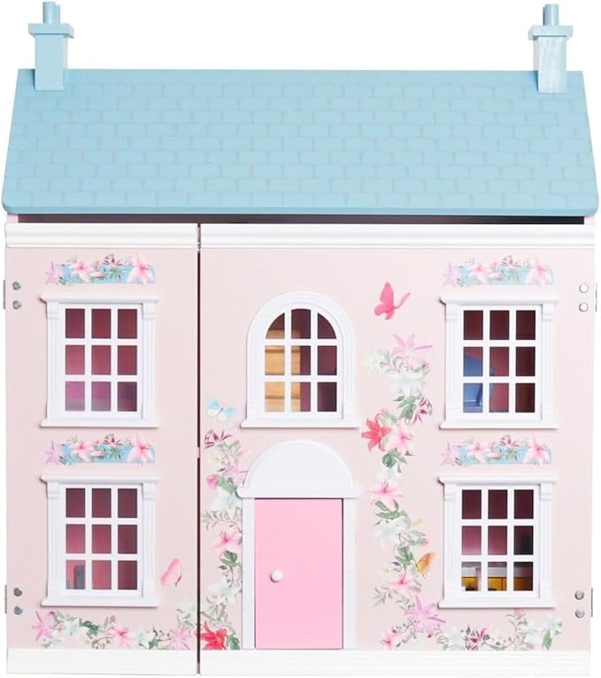 Doll House, 3-Story Wooden Cottage Dollhouse Playset w/Double-Sided Roofs, Accessories & Furniture, Pretend Play Toddler Big Doll House, Gift for Kids Aged 3+ (Pink)
