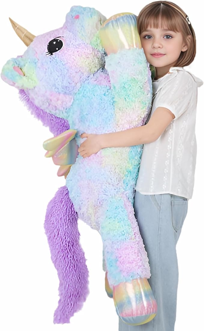 44 Inch Giant Rose Rainbow Unicorn Stuffed Animal Plush Toy with Wings Soft Cute Large Unicorn Plushies Animals Body Pillow Gift for Children Boy Girl Kids Birthday Valentine Room Decorations