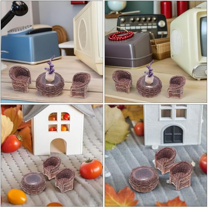 DOITOOL Miniature Table and Chairs Set: 1:12 Scale Miniature Dollhouse Accessories Mini Rattan Table and Chairs Dollhouse Furniture for Fairy Garden Micro Landscape Decoration