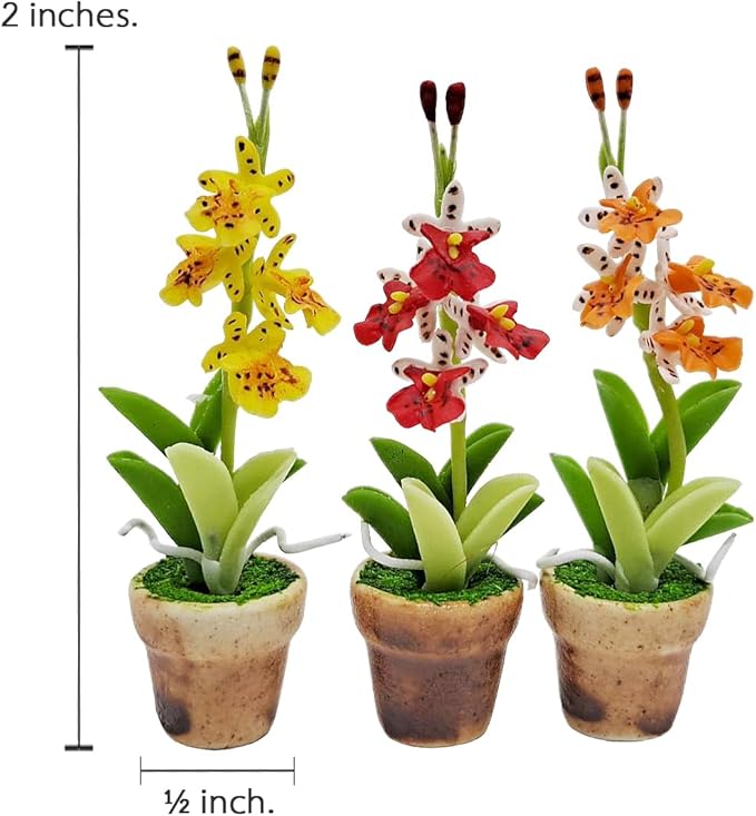 WitnyStore Tiny 2" High 3 Pieces Set Yellow Red Orange Orchid - Hand Made Artificial Flowers Colorful Miniature Realistic Modelling Clay Flower Plant Pot Blooming House Plants Home Indoor Decoration