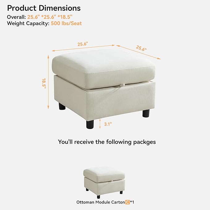 25" Square Storage Ottoman for Modular Sectional Sofa, Convertible Couch Footrest with Hidden Compartment, Chenille Upholstered Coffee Table & Extra Living Room Seating, Beige