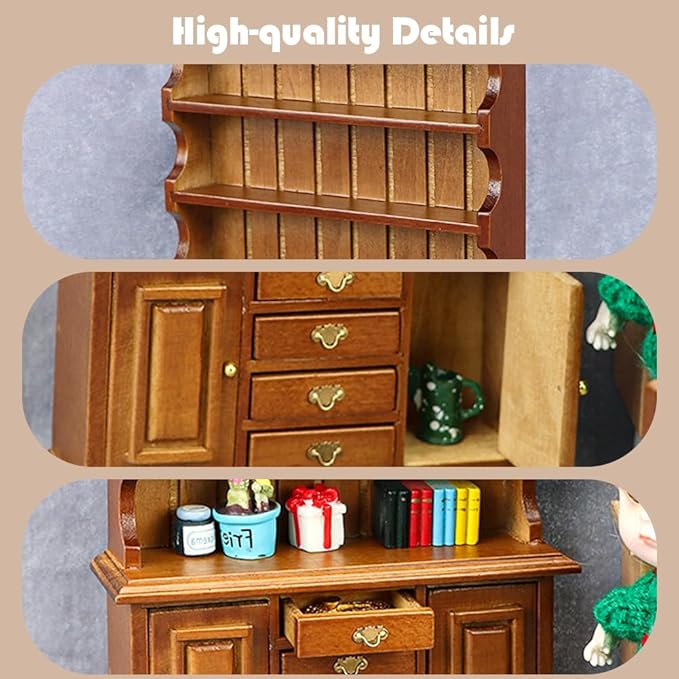 Dollhouse Furniture, Doll Display Cabinet with Drawers 1:12 Scale Miniature Dollhouse Vintage Wood Bookcase, Mini Dresser Living Bedroom Dolls & Accessories DIY Doll House Decorations for Girl and Boy