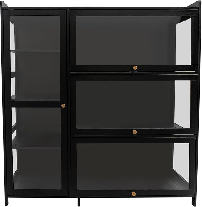 Display Cabinet with Acrylic Doors, Display Curio Cabinet with 3+4 Shelves for Collectibles Figures, Black Bamboo Storage Display Case Clear Showcase for Home Office Living Room Gaming Room